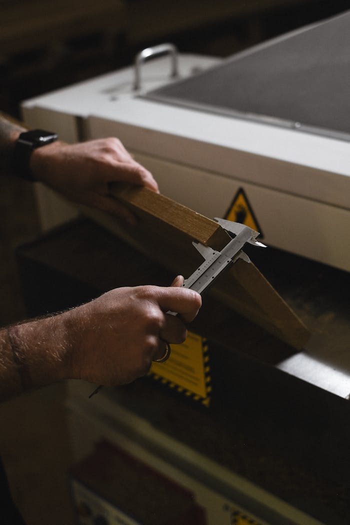 Unrecognizable male artisan using vernier caliper to measure wooden plank while standing near special machine in professional joinery during work